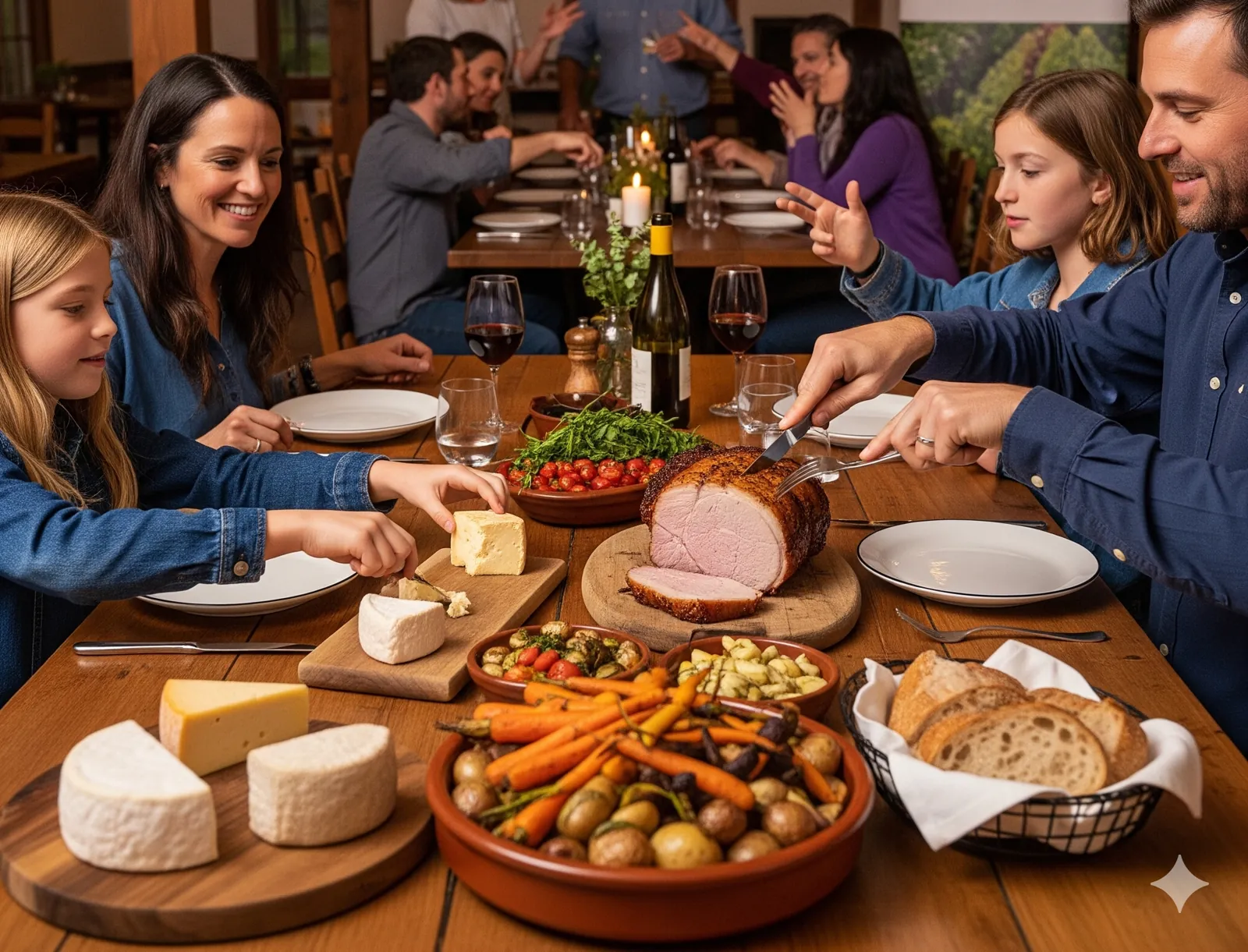 A family gathered at a wooden dinner table loaded with fresh roast, root vegetables, sourdough, cheeses and a glass of wine — friends laughing in the background.