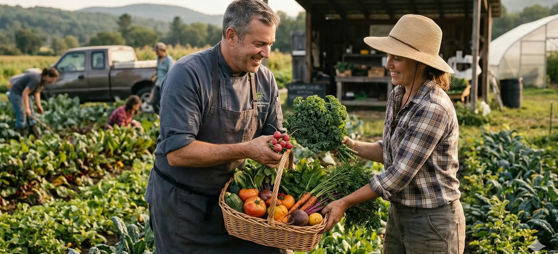 Two farmers exchanging a wooden basket overflowing with fresh greens, peppers, carrots and herbs in a sunlit field, hoop house in the background.
