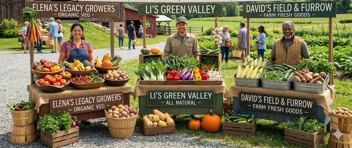 Three farmers behind their stands at a LiveStalks Local market — Elena's Legacy Growers, Li's Green Valley, and David's Field & Furrow, baskets piled with squash, peppers, beets and greens.