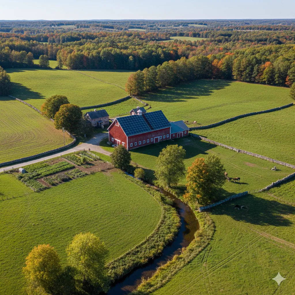 Aerial view of a Maine family farm — red barn with solar panels, green pastures, stone walls, autumn forest, a creek winding through.