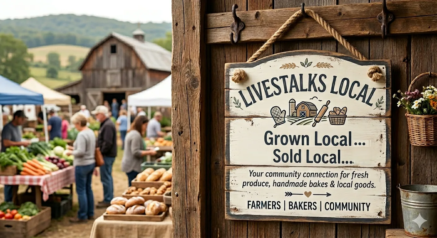 LiveStalks Local — a wooden farm-stand sign reading 'Grown Local, Sold Local' against a farmers market
