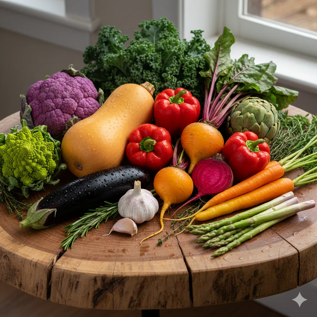 A wooden table piled with kale, romanesco, butternut squash, peppers, beets, carrots and asparagus — a sampler of what's coming out of the farms this week.